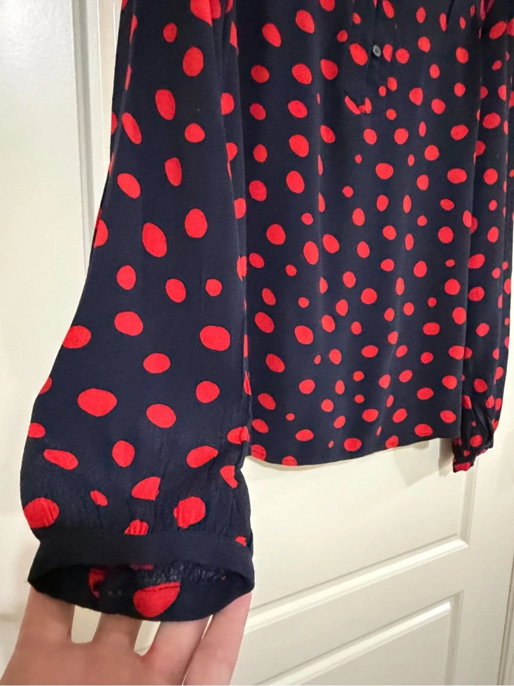 LOFT Navy Blouse with Red Polka Dot Print
